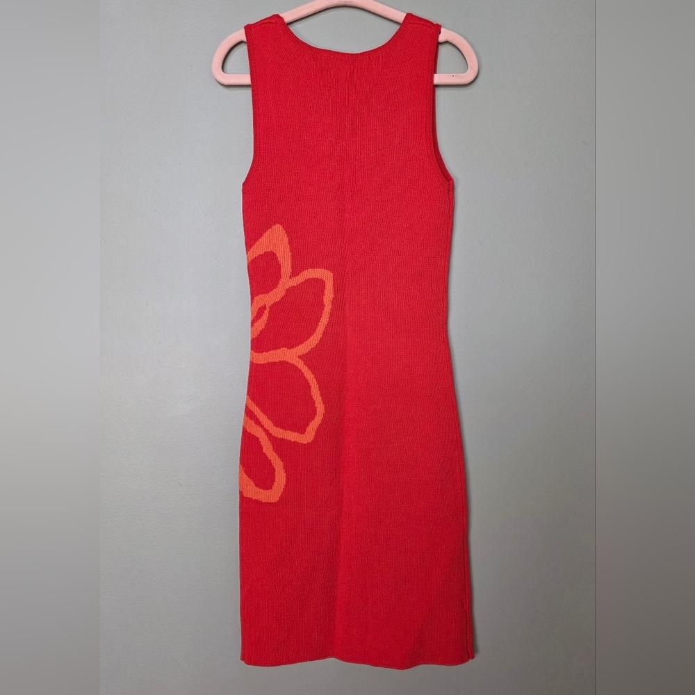 Flat White Anthro Sleeveless Square-Neck Flower-Print Knit Mini Dress Red Orange - Picture 6 of 11